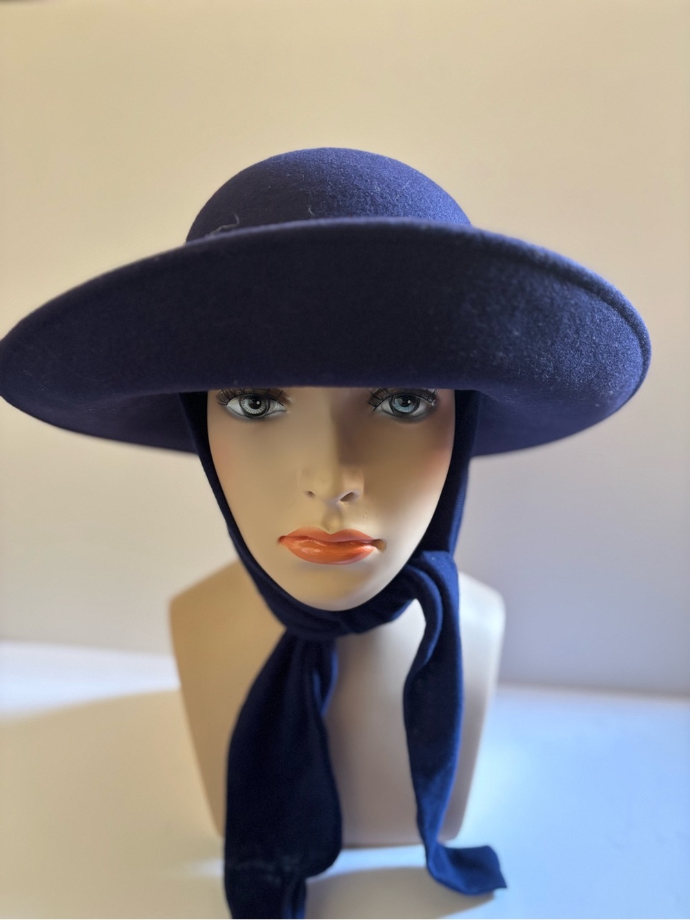 Vintage Bollman Navy Blue 100% Wool Felt Wide Brim Hat USA